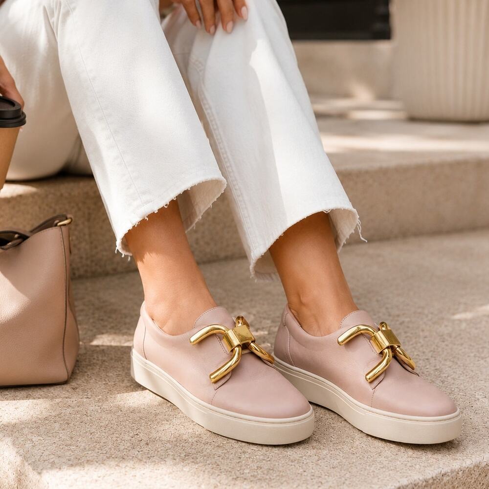 An Hour And A Shower Blush Pink Leather Slip On Sneakers KNOT Gold Hardware 37